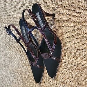 PREVATA leather & textile slingback heels. Pointed toe.  Size is 8.5.